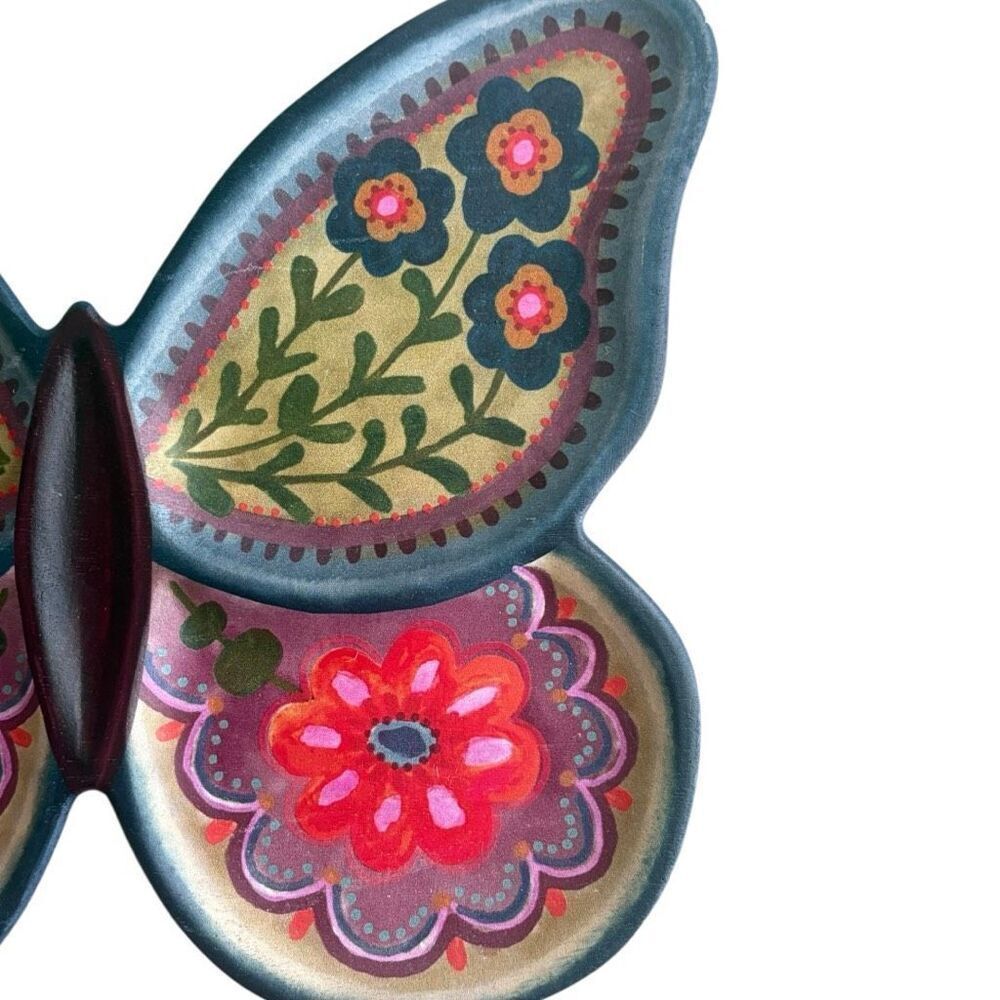Natural Life Wooden Butterfly Tray Platter Colorful Hand Painted Flowers - Picture 4 of 4